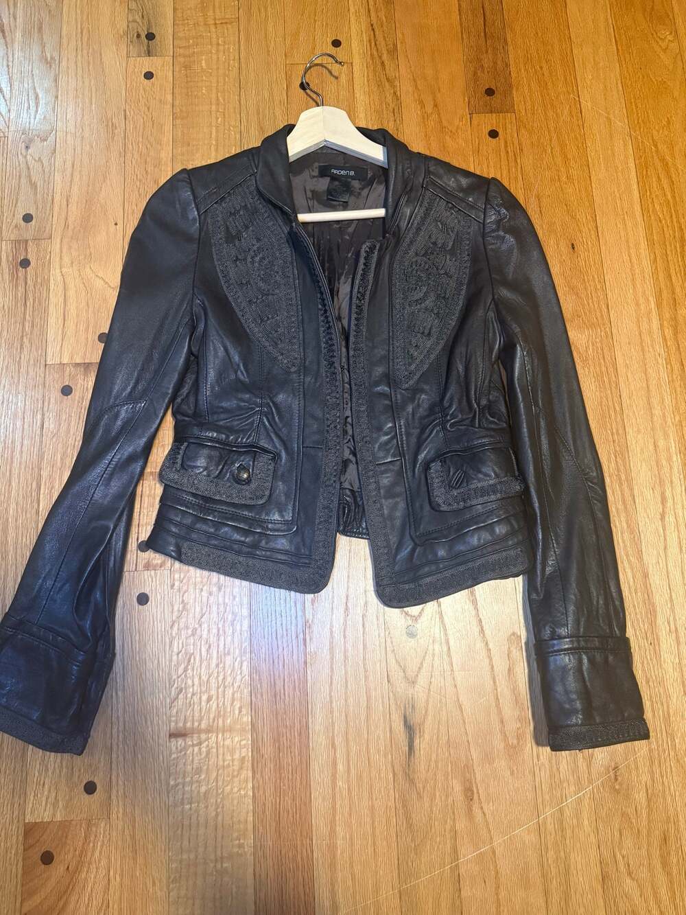 Arden B Leather Jacket Womens S Dark Brown Embroidered Y2K Cropped Boho